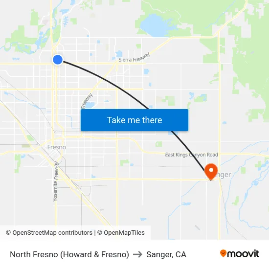 North Fresno (Howard & Fresno) to Sanger, CA map