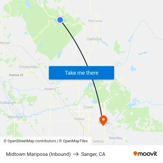 Midtown Mariposa (Inbound) to Sanger, CA map