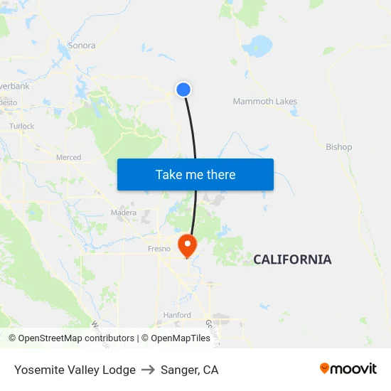Yosemite Valley Lodge to Sanger, CA map