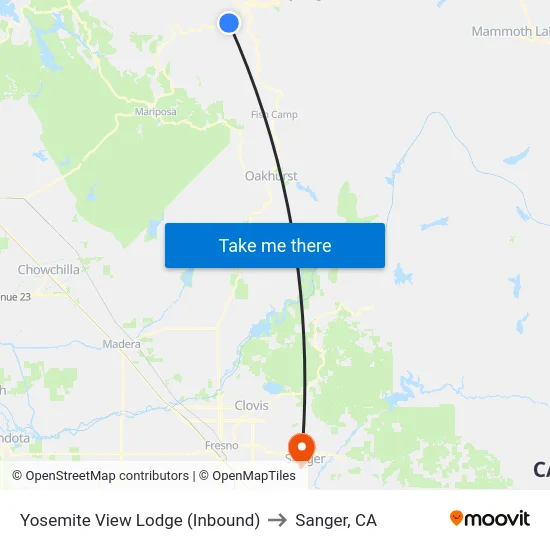 Yosemite View Lodge (Inbound) to Sanger, CA map