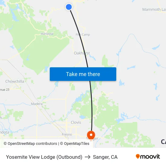 Yosemite View Lodge (Outbound) to Sanger, CA map