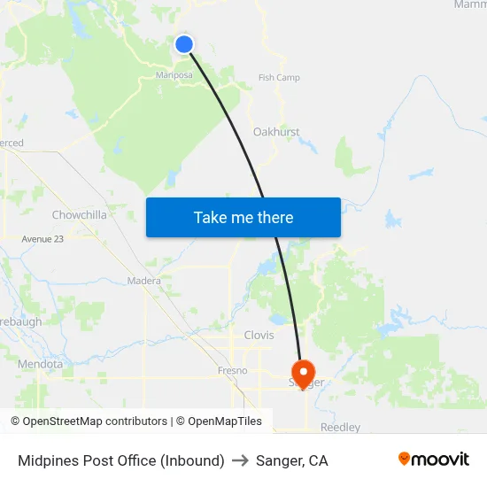 Midpines Post Office (Inbound) to Sanger, CA map