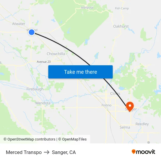 Merced Transpo to Sanger, CA map