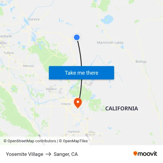 Yosemite Village to Sanger, CA map