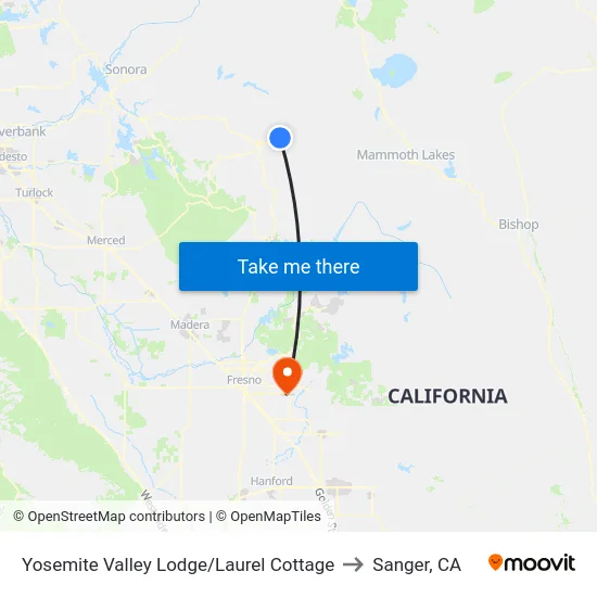 Yosemite Valley Lodge/Laurel Cottage to Sanger, CA map