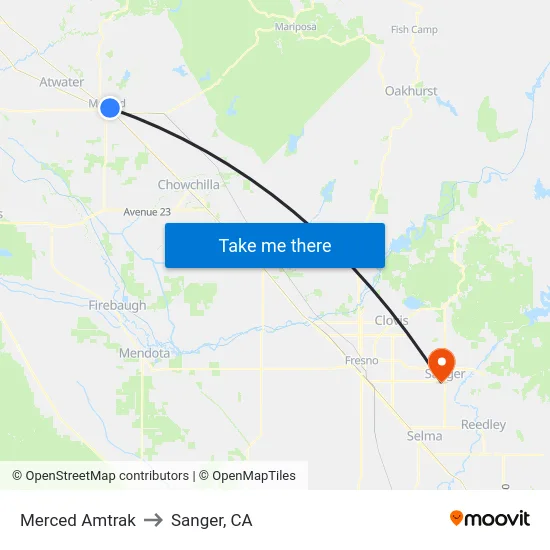 Merced Amtrak to Sanger, CA map