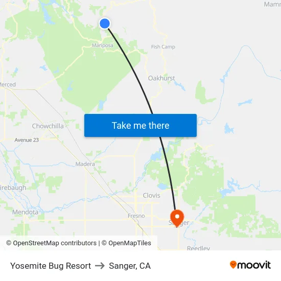 Yosemite Bug Resort to Sanger, CA map