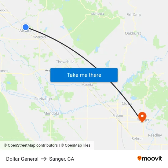 Dollar General to Sanger, CA map