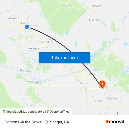 Parsons @ the Grove to Sanger, CA map