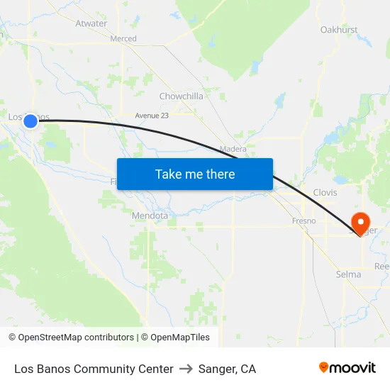 Los Banos Community Center to Sanger, CA map