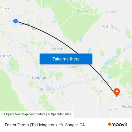 Foster Farms (To Livingston) to Sanger, CA map