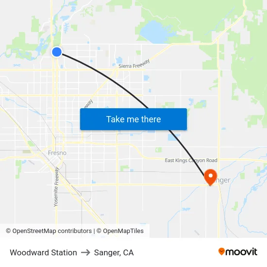 Woodward Station to Sanger, CA map