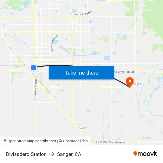 Divisadero Station to Sanger, CA map