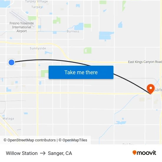 Willow Station to Sanger, CA map