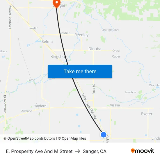 E. Prosperity Ave And M Street to Sanger, CA map