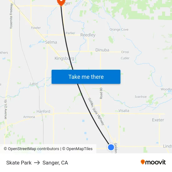 Skate Park to Sanger, CA map