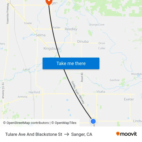 Tulare Ave And Blackstone St to Sanger, CA map