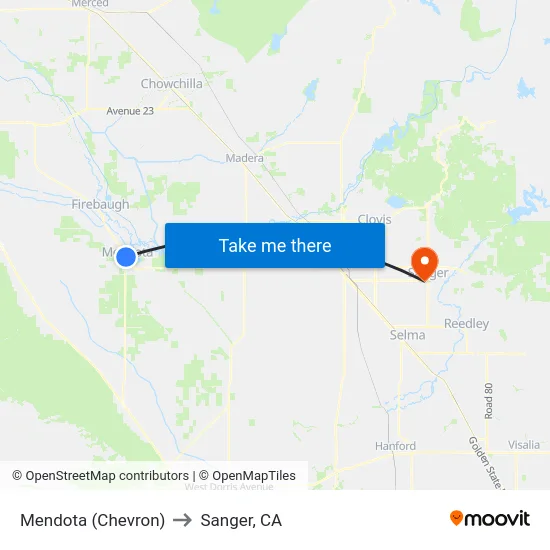 Mendota (Chevron) to Sanger, CA map