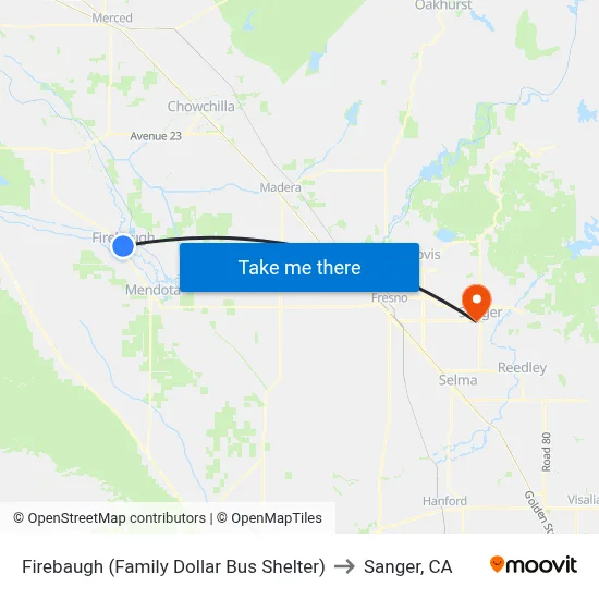 Firebaugh (Family Dollar Bus Shelter) to Sanger, CA map