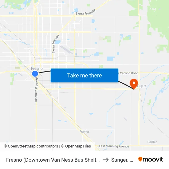 Fresno (Downtown Van Ness Bus Shelter) to Sanger, CA map