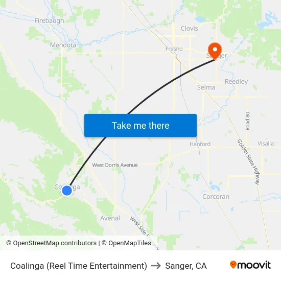 Coalinga (Reel Time Entertainment) to Sanger, CA map