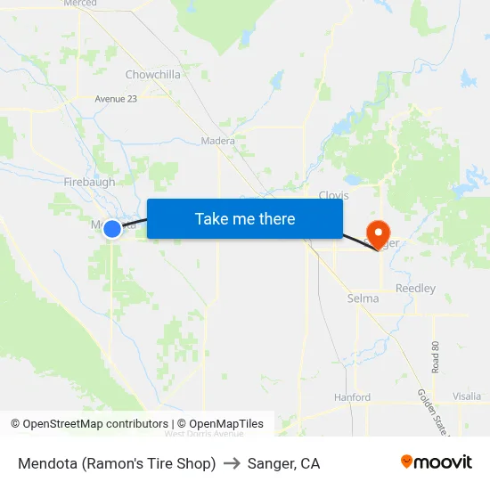 Mendota (Ramon's Tire Shop) to Sanger, CA map