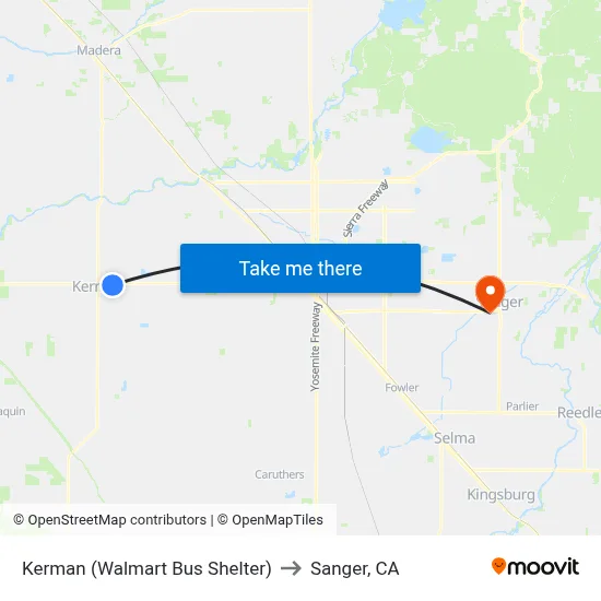 Kerman (Walmart Bus Shelter) to Sanger, CA map