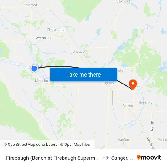 Firebaugh (Bench at Firebaugh Supermarket) to Sanger, CA map