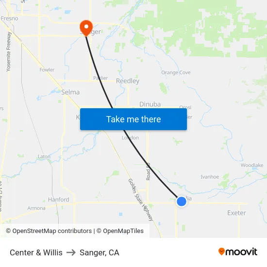 Center & Willis to Sanger, CA map