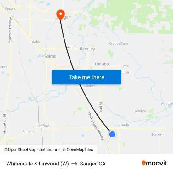 Whitendale & Linwood (W) to Sanger, CA map