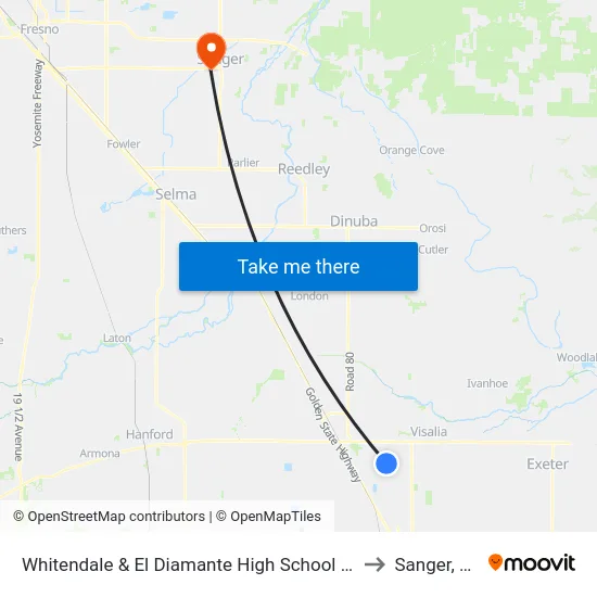 Whitendale & El Diamante High School (W) to Sanger, CA map