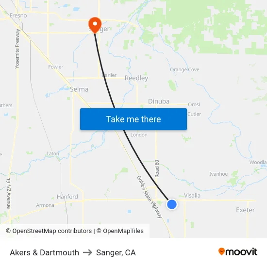 Akers & Dartmouth to Sanger, CA map