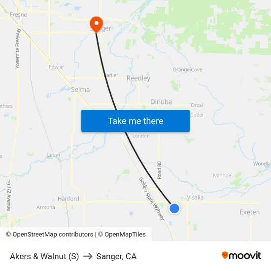 Akers & Walnut (S) to Sanger, CA map