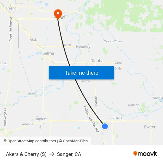 Akers & Cherry (S) to Sanger, CA map