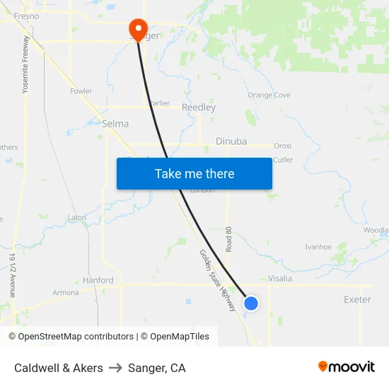 Caldwell & Akers to Sanger, CA map