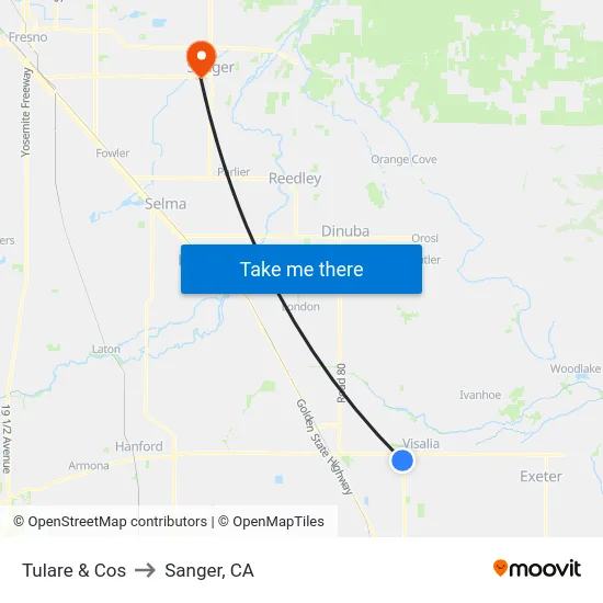 Tulare & Cos to Sanger, CA map