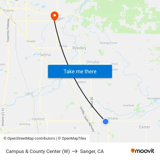 Campus & County Center (W) to Sanger, CA map