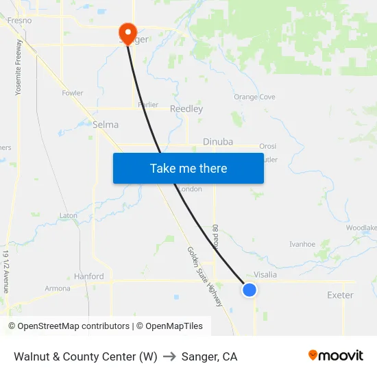 Walnut & County Center (W) to Sanger, CA map