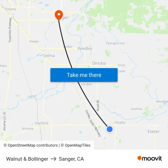 Walnut & Bollinger to Sanger, CA map