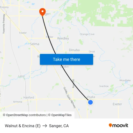 Walnut & Encina (E) to Sanger, CA map