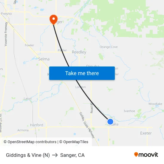 Giddings & Vine (N) to Sanger, CA map