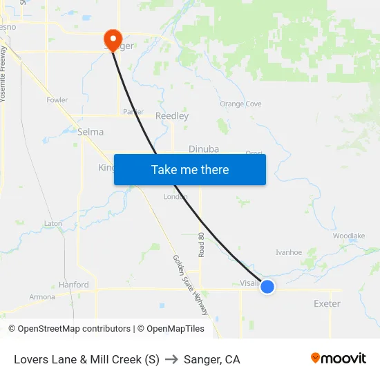 Lovers Lane & Mill Creek (S) to Sanger, CA map
