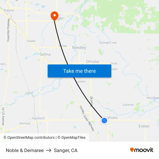 Noble & Demaree to Sanger, CA map
