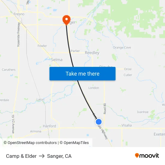 Camp & Elder to Sanger, CA map