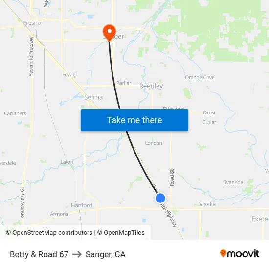 Betty & Road 67 to Sanger, CA map
