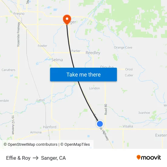 Effie & Roy to Sanger, CA map
