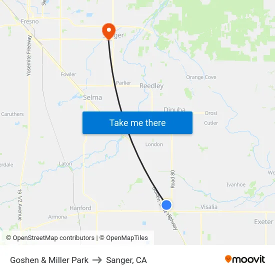 Goshen & Miller Park to Sanger, CA map