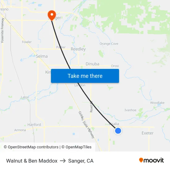 Walnut & Ben Maddox to Sanger, CA map