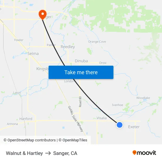 Walnut & Hartley to Sanger, CA map