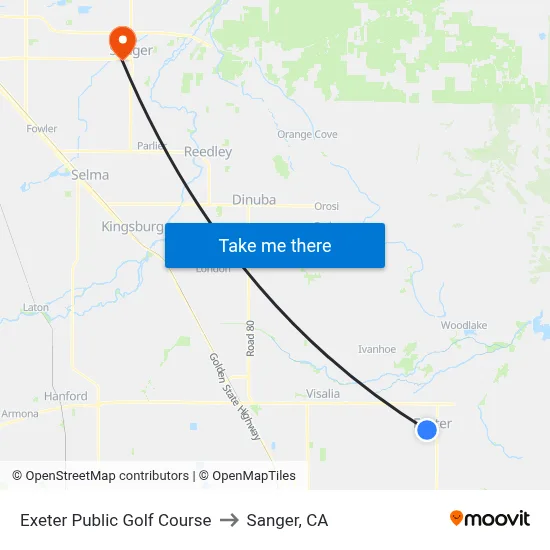 Exeter Public Golf Course to Sanger, CA map